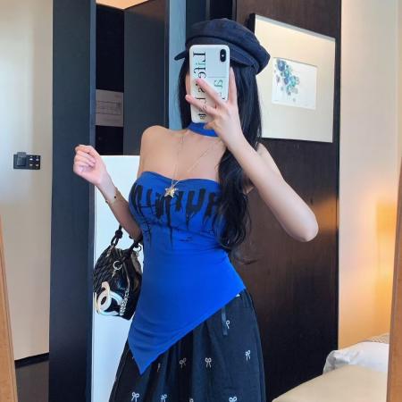 FA39554# 美式辣妹风字母印花挂脖背心设计感露肩上衣带胸垫 服裝批發女裝批發服飾貨源