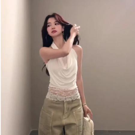 FA39560# 美式纯欲辣妹蕾丝拼接荡领挂脖吊带背心女夏修身无袖性感露背上衣 服裝批發女裝批發服飾貨源
