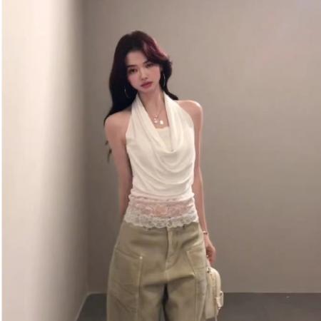 FA39560# 美式纯欲辣妹蕾丝拼接荡领挂脖吊带背心女夏修身无袖性感露背上衣 服裝批發女裝批發服飾貨源