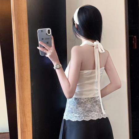 FA39560# 美式纯欲辣妹蕾丝拼接荡领挂脖吊带背心女夏修身无袖性感露背上衣 服裝批發女裝批發服飾貨源