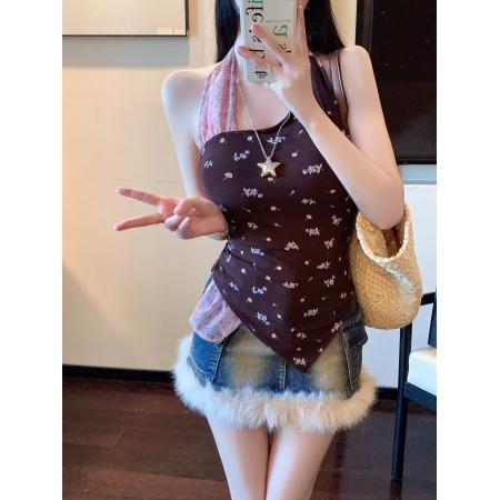 FA39564# 美式辣妹挂脖假两件小背心女独特设计感小众修身无袖上衣 服裝批發女裝批發服飾貨源
