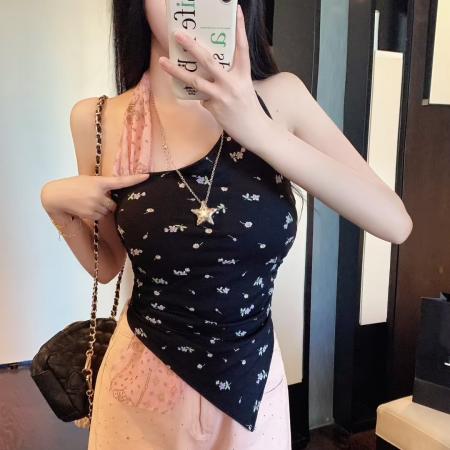 FA39564# 美式辣妹挂脖假两件小背心女独特设计感小众修身无袖上衣 服裝批發女裝批發服飾貨源