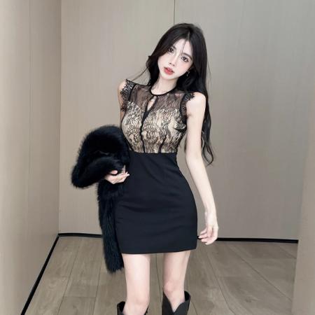 FA39566# 纯欲蕾丝拼接连衣裙夏季新款设计感高腰紧身包臀裙 服裝批發女裝批發服飾貨源