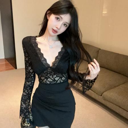 FA39569# 新款性感短款打底长袖蕾丝拼接包臀连衣裙 服裝批發女裝批發服飾貨源