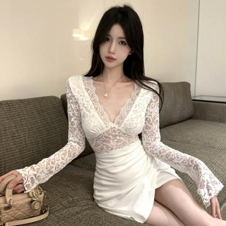 FA39569# 新款性感短款打底长袖蕾丝拼接包臀连衣裙 服裝批發女裝批發服飾貨源