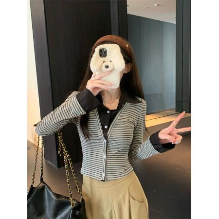 FA39574# 韩版假两件拼接条纹Polo领长袖衬衫女上衣秋 服裝批發女裝批發服飾貨源