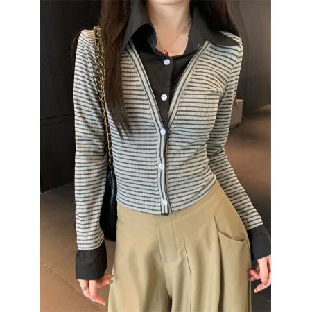 FA39574# 韩版假两件拼接条纹Polo领长袖衬衫女上衣秋 服裝批發女裝批發服飾貨源