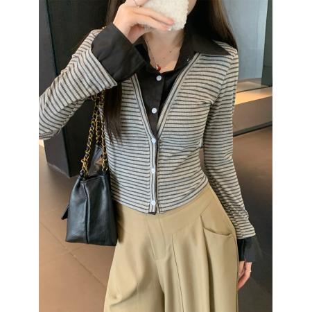 FA39574# 韩版假两件拼接条纹Polo领长袖衬衫女上衣秋 服裝批發女裝批發服飾貨源