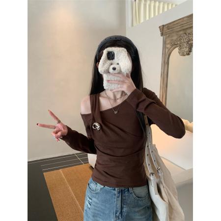FA39575# 设计感扭结露肩长袖T恤女秋季显瘦上衣 服裝批發女裝批發服飾貨源