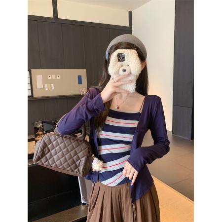FA39576# 纯欲套装长袖开衫外套女秋内搭条纹吊带背心两件套 服裝批發女裝批發服飾貨源