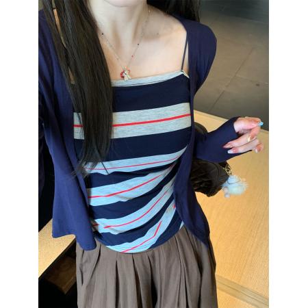 FA39576# 纯欲套装长袖开衫外套女秋内搭条纹吊带背心两件套 服裝批發女裝批發服飾貨源