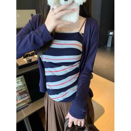 FA39576# 纯欲套装长袖开衫外套女秋内搭条纹吊带背心两件套 服裝批發女裝批發服飾貨源