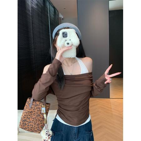 FA39577# 洋气纯欲风假两件斜肩上衣女设计感修身百搭T恤衫秋 服裝批發女裝批發服飾貨源