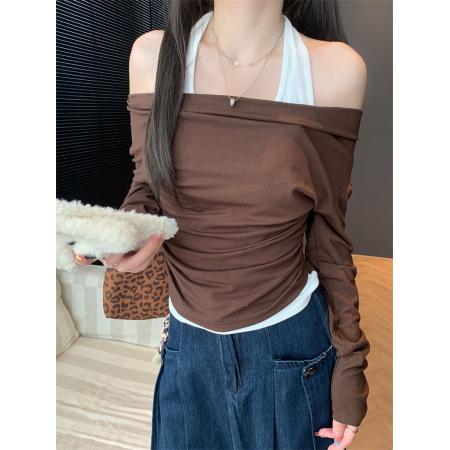 FA39577# 洋气纯欲风假两件斜肩上衣女设计感修身百搭T恤衫秋 服裝批發女裝批發服飾貨源