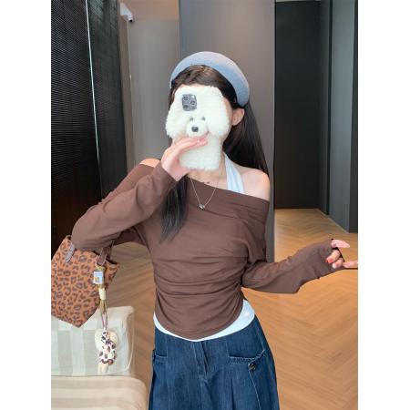 FA39577# 洋气纯欲风假两件斜肩上衣女设计感修身百搭T恤衫秋 服裝批發女裝批發服飾貨源