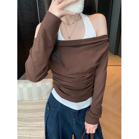 FA39577# 洋气纯欲风假两件斜肩上衣女设计感修身百搭T恤衫秋 服裝批發女裝批發服飾貨源