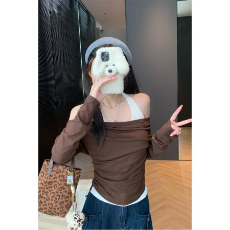 FA39577# 洋气纯欲风假两件斜肩上衣女设计感修身百搭T恤衫秋 服裝批發女裝批發服飾貨源
