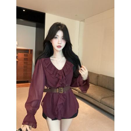 FA39580# 法式荷叶边收腰显瘦气质上衣 服裝批發女裝批發服飾貨源