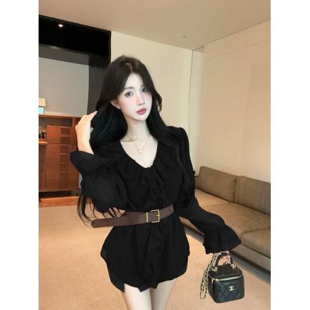 FA39580# 法式荷叶边收腰显瘦气质上衣 服裝批發女裝批發服飾貨源