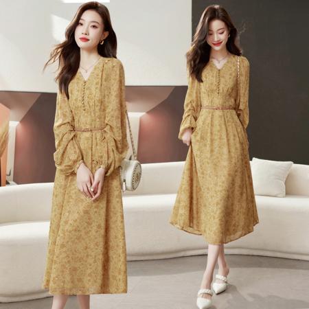 FA39581# 去有风的地方刘亦菲同款碎花连衣裙女夏新款长袖印花V领裙子 服裝批發女裝批發服飾貨源