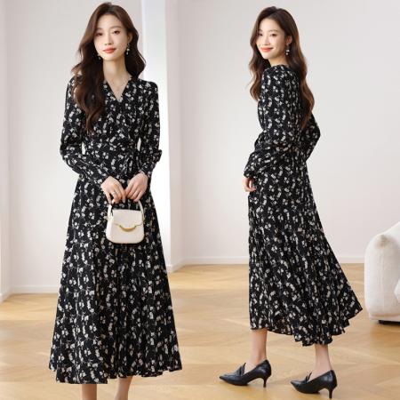 FA39582# 鱼尾V领长款碎花连衣裙女春秋季新款长袖遮垮显瘦打底脚腕裙 服裝批發女裝批發服飾貨源