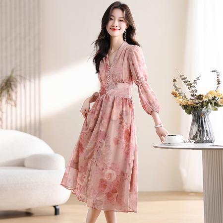 FA39583# 优雅女人味茶歇裙温柔风收腰显瘦灯笼袖粉色碎花连衣裙女春 服裝批發女裝批發服飾貨源