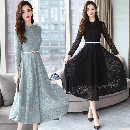 FA39584# 长袖蕾丝连衣裙春秋女新款中长款气质裙子修身收腰长裙春季 服裝批發女裝批發服飾貨源