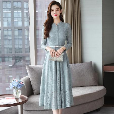 FA39584# 长袖蕾丝连衣裙春秋女新款中长款气质裙子修身收腰长裙春季 服裝批發女裝批發服飾貨源