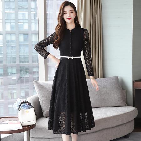 FA39584# 长袖蕾丝连衣裙春秋女新款中长款气质裙子修身收腰长裙春季 服裝批發女裝批發服飾貨源