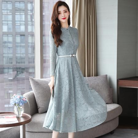 FA39584# 长袖蕾丝连衣裙春秋女新款中长款气质裙子修身收腰长裙春季 服裝批發女裝批發服飾貨源