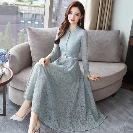 FA39584# 长袖蕾丝连衣裙春秋女新款中长款气质裙子修身收腰长裙春季 服裝批發女裝批發服飾貨源