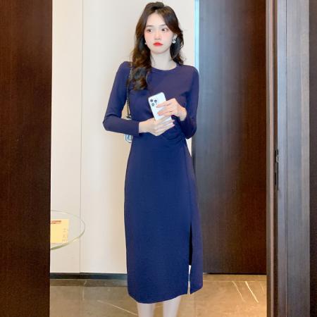 FA39585# 藏青色连衣裙2023秋装新款收腰显瘦气质女神范长袖开叉裙 服裝批發女裝批發服飾貨源