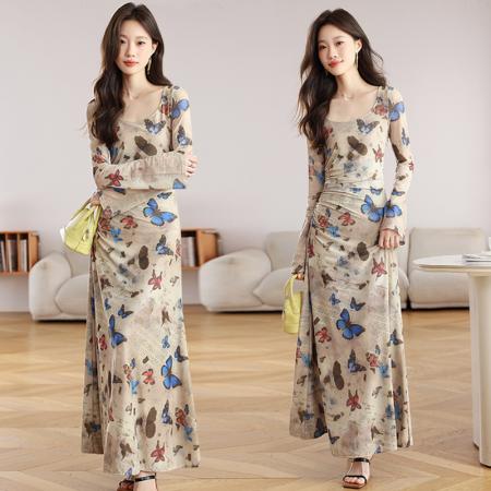 FA39587# 辣妹复古蝴蝶印花长袖连衣裙女抽褶收腰性感修身包臀长裙 服裝批發女裝批發服飾貨源