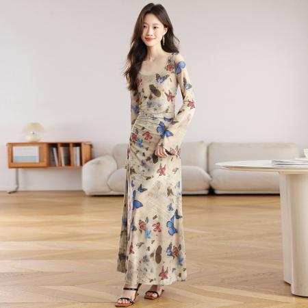 FA39587# 辣妹复古蝴蝶印花长袖连衣裙女抽褶收腰性感修身包臀长裙 服裝批發女裝批發服飾貨源