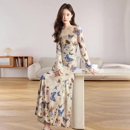 FA39587# 辣妹复古蝴蝶印花长袖连衣裙女抽褶收腰性感修身包臀长裙 服裝批發女裝批發服飾貨源