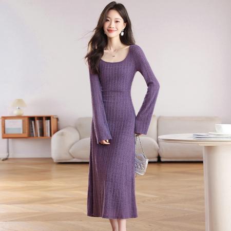 FA39589# 性感蕾丝针织连衣裙女秋冬套装裙长袖罩衫吊带紫色长裙 服裝批發女裝批發服飾貨源