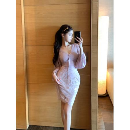 FA39590# 棠脂粉玉女人味绑带褶皱上衣/蕾丝半身裙套装 服裝批發女裝批發服飾貨源