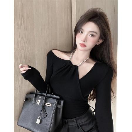 FA39592# 露肩链条挂脖气质百搭显瘦长袖上衣女纯色T恤 服裝批發女裝批發服飾貨源