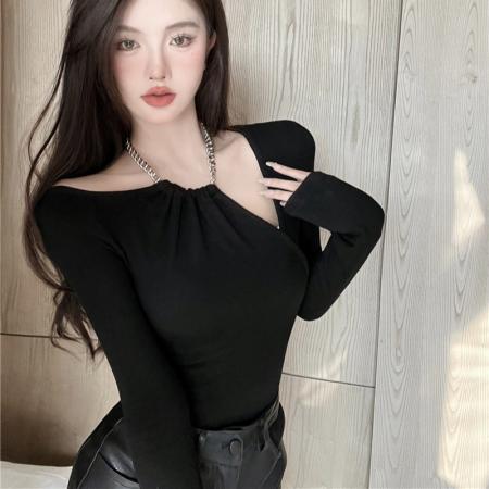 FA39592# 露肩链条挂脖气质百搭显瘦长袖上衣女纯色T恤 服裝批發女裝批發服飾貨源