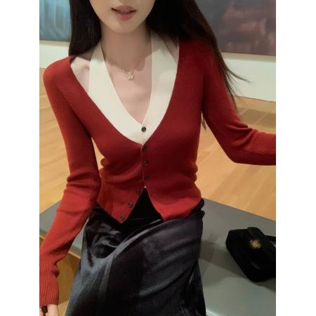 FA39593# 夏诗文绵羊毛修身撞色V领挂脖假两件针织开衫女秋新款 服裝批發女裝批發服飾貨源
