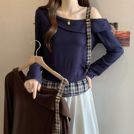 FA39594# 胖MM设计感拼接假两件斜肩上衣女秋季打底衫外穿 服裝批發女裝批發服飾貨源
