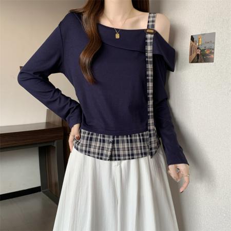FA39594# 胖MM设计感拼接假两件斜肩上衣女秋季打底衫外穿 服裝批發女裝批發服飾貨源