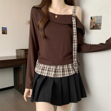 FA39594# 胖MM设计感拼接假两件斜肩上衣女秋季打底衫外穿 服裝批發女裝批發服飾貨源