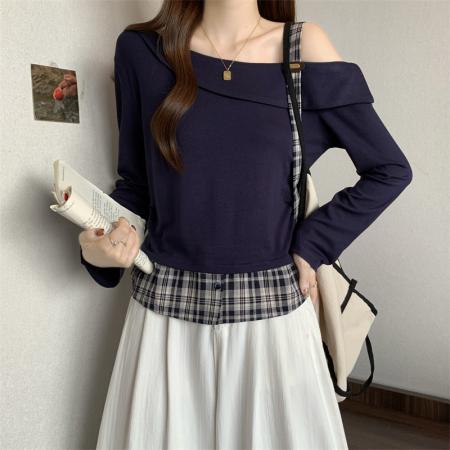 FA39594# 胖MM设计感拼接假两件斜肩上衣女秋季打底衫外穿 服裝批發女裝批發服飾貨源