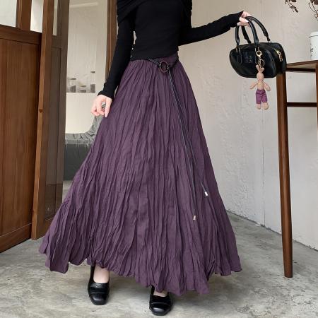 FA39595# 复古褶皱半身裙女秋季新款百褶裙高腰显瘦垂感气质百搭a字大摆裙 服裝批發女裝批發服飾貨源
