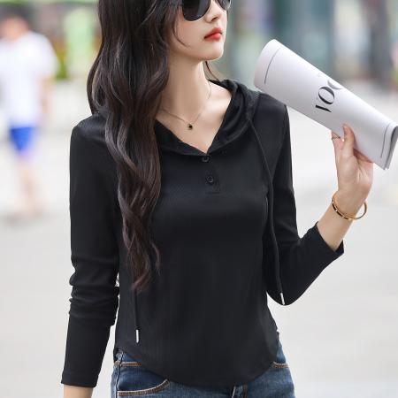 FA39596# 小个子显高显瘦白色长袖连帽卫衣T恤女秋季新款女士时尚短款上衣 服裝批發女裝批發服飾貨源