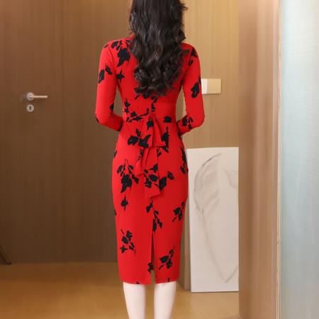 FA39604# 正式场合端庄连衣裙女法式红色早秋新款收腰女人味包臀裹身裙 服裝批發女裝批發服飾貨源