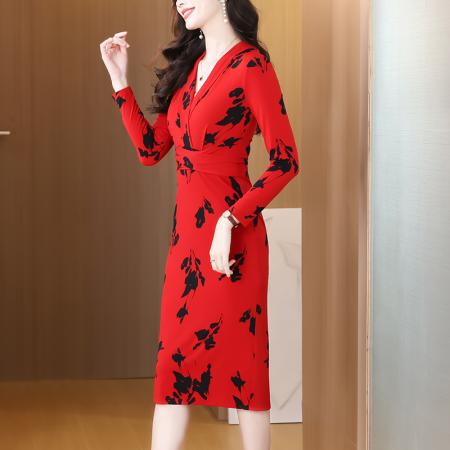FA39604# 正式场合端庄连衣裙女法式红色早秋新款收腰女人味包臀裹身裙 服裝批發女裝批發服飾貨源