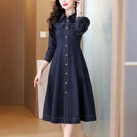 FA39605# 时尚藏蓝色衬衫连衣裙女秋季新款休闲通勤大摆裙子 服裝批發女裝批發服飾貨源
