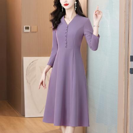 FA39606# 紫色长袖V领连衣裙女新款高端气质收腰显瘦超好看中长裙 服裝批發女裝批發服飾貨源